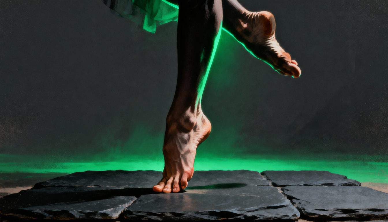 A man standing on one leg in soft shadowed light, editorial and calm