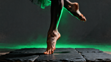 A man standing on one leg in soft shadowed light, editorial and calm