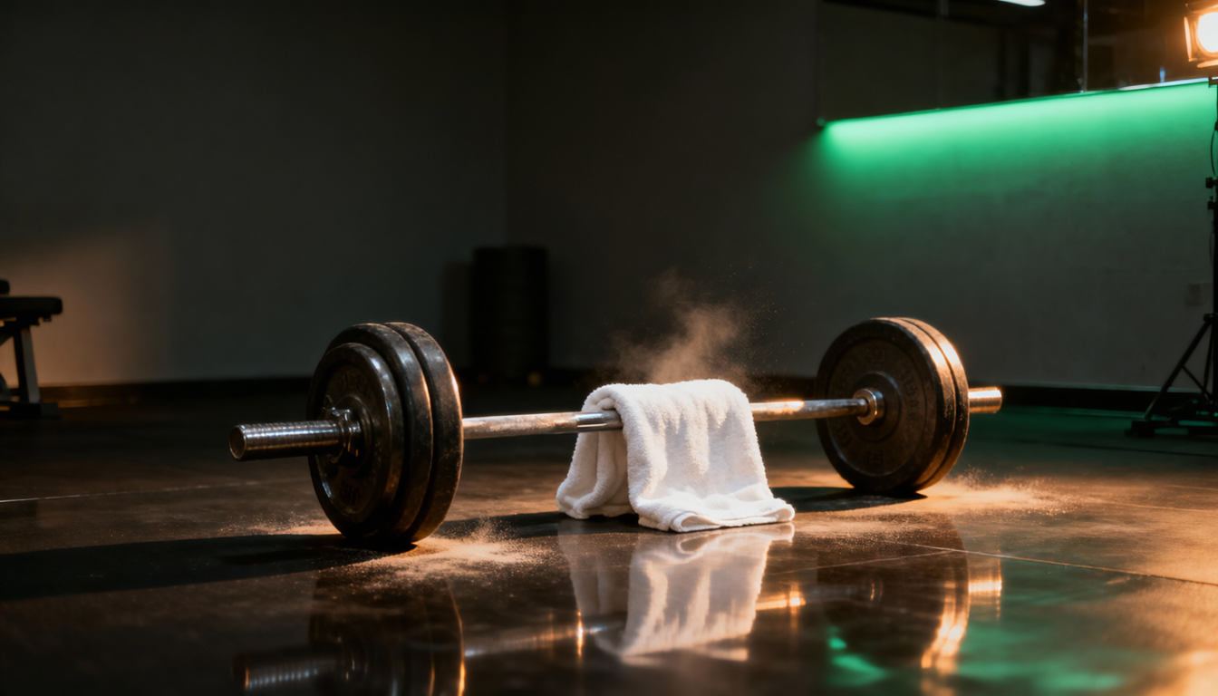 A barbell resting on the floor in soft shadow, recovery week