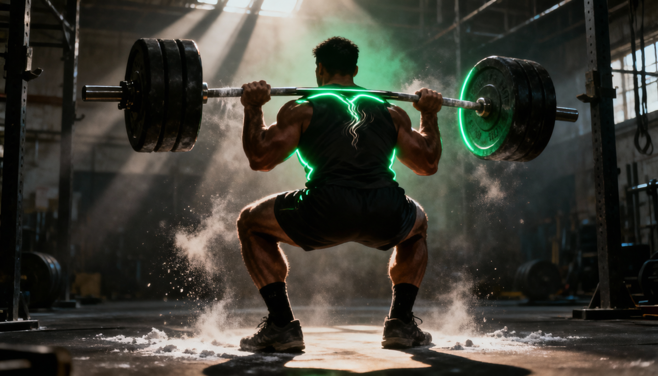 A loaded barbell on a dark platform, the moment before a heavy set