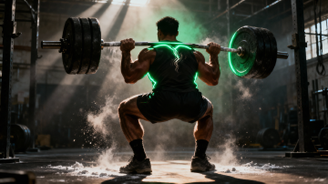 A loaded barbell on a dark platform, the moment before a heavy set