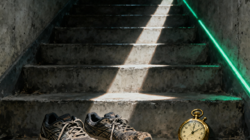 A kettle boiling on a stove with a stopwatch running, dark and editorial
