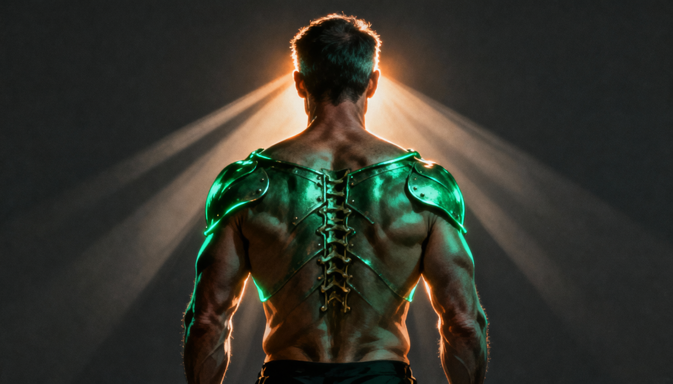 Muscle as metabolic armor — a strong back and shoulders in near-silhouette, jade rim light