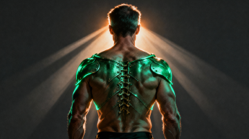 Muscle as metabolic armor — a strong back and shoulders in near-silhouette, jade rim light