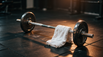 A lone barbell in dim light, at rest, nervous system recovery