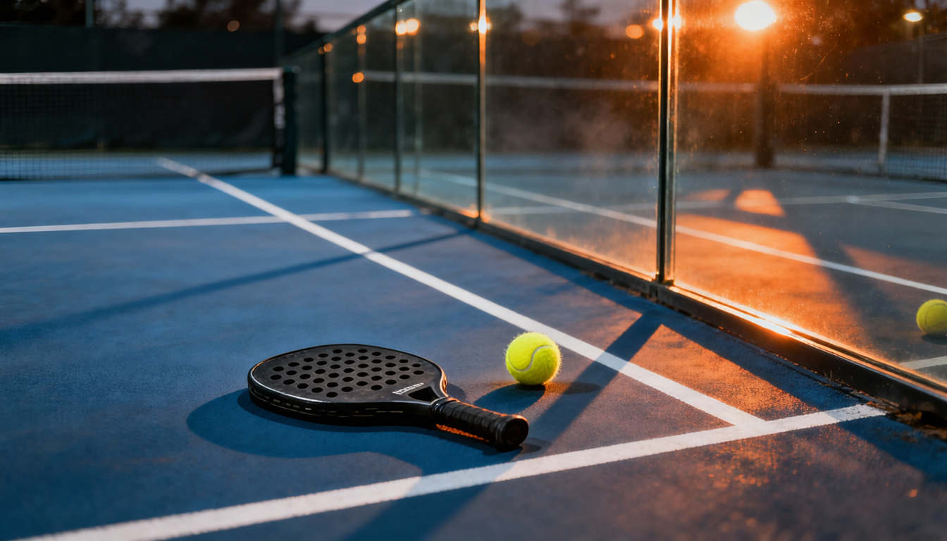 A padel paddle and ball resting on the court beside the glass wall at dusk
