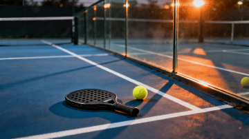 A padel paddle and ball resting on the court beside the glass wall at dusk