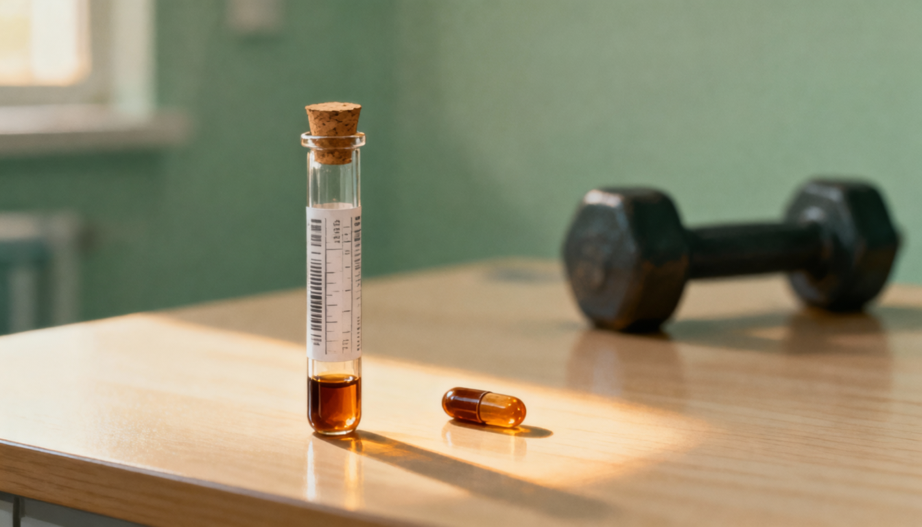 A blood test tube and a small amber capsule under warm light, with a shadowed dumbbell behind