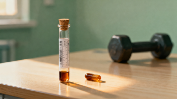 A blood test tube and a small amber capsule under warm light, with a shadowed dumbbell behind